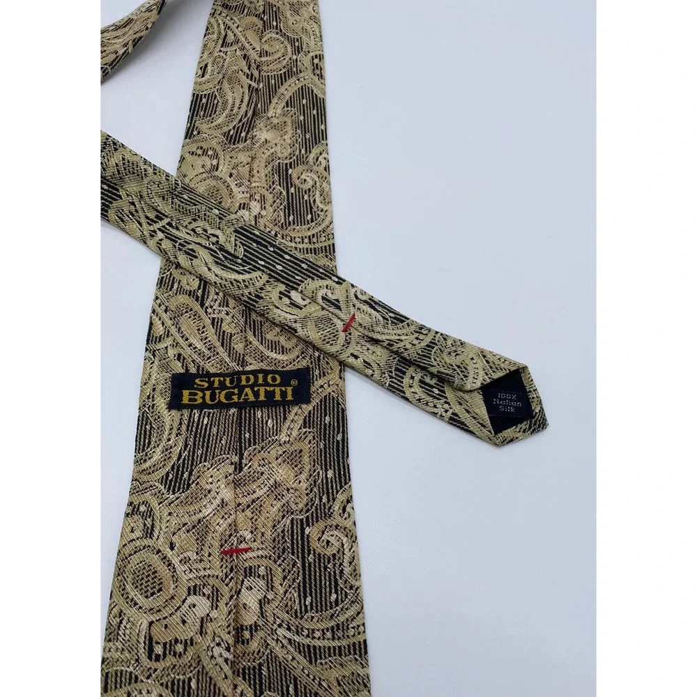 Studio Bugatti Mens Gold Black Paisley Striped 100% Italian Silk Tie Made in USA